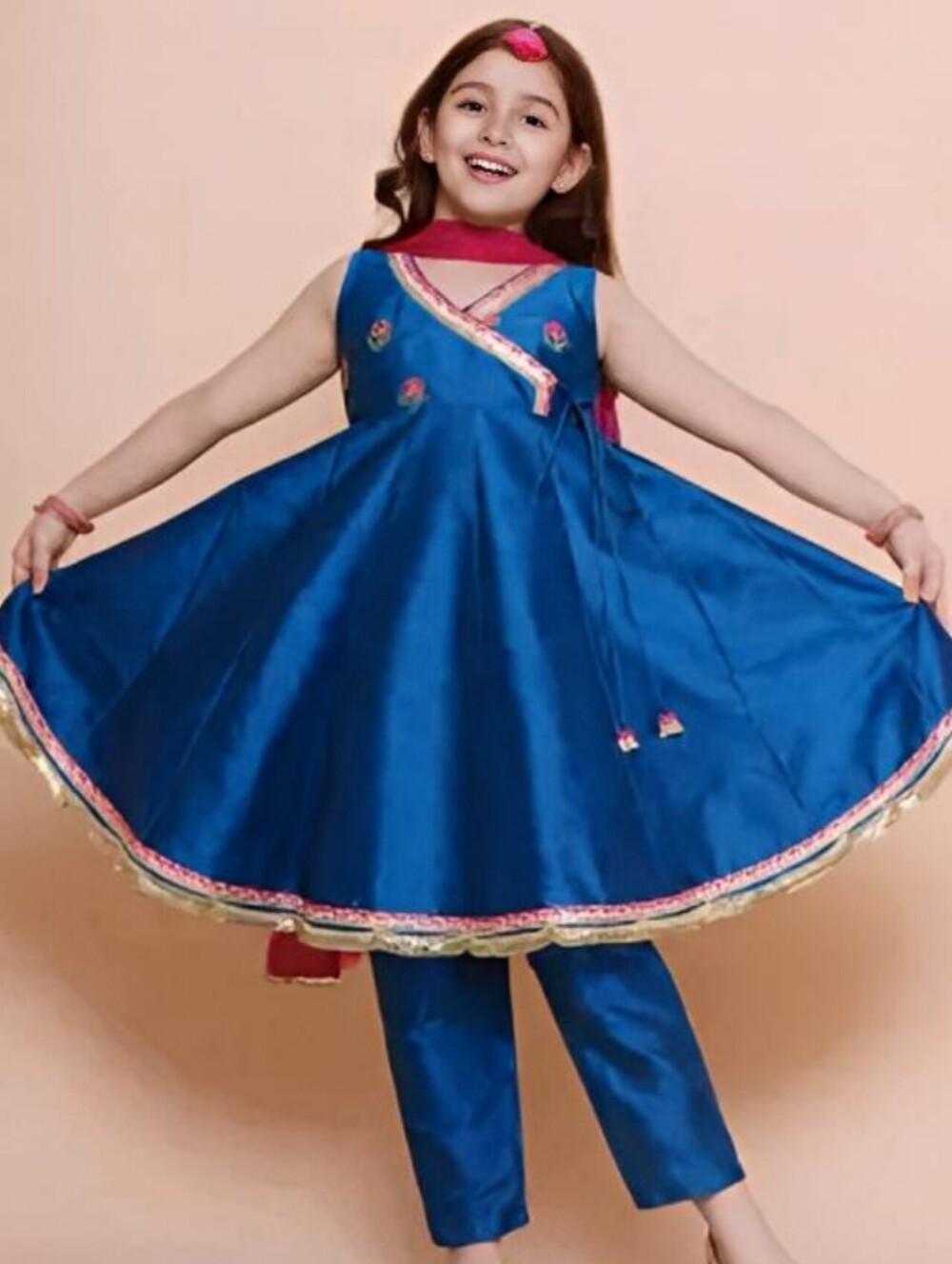 Kids Blue Ethnic Anarkali Costume with Pink Accents
